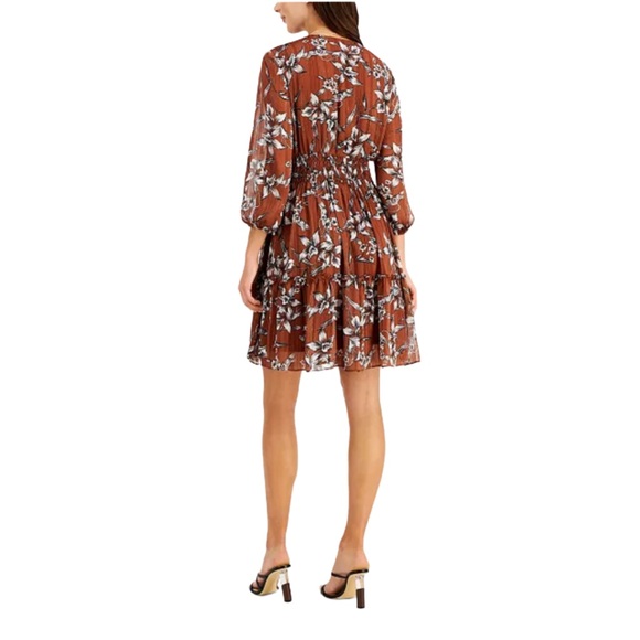 Just Taylor Brown Floral Bronze Metallic Thread Dress NWOT Size 6 - Picture 3 of 13